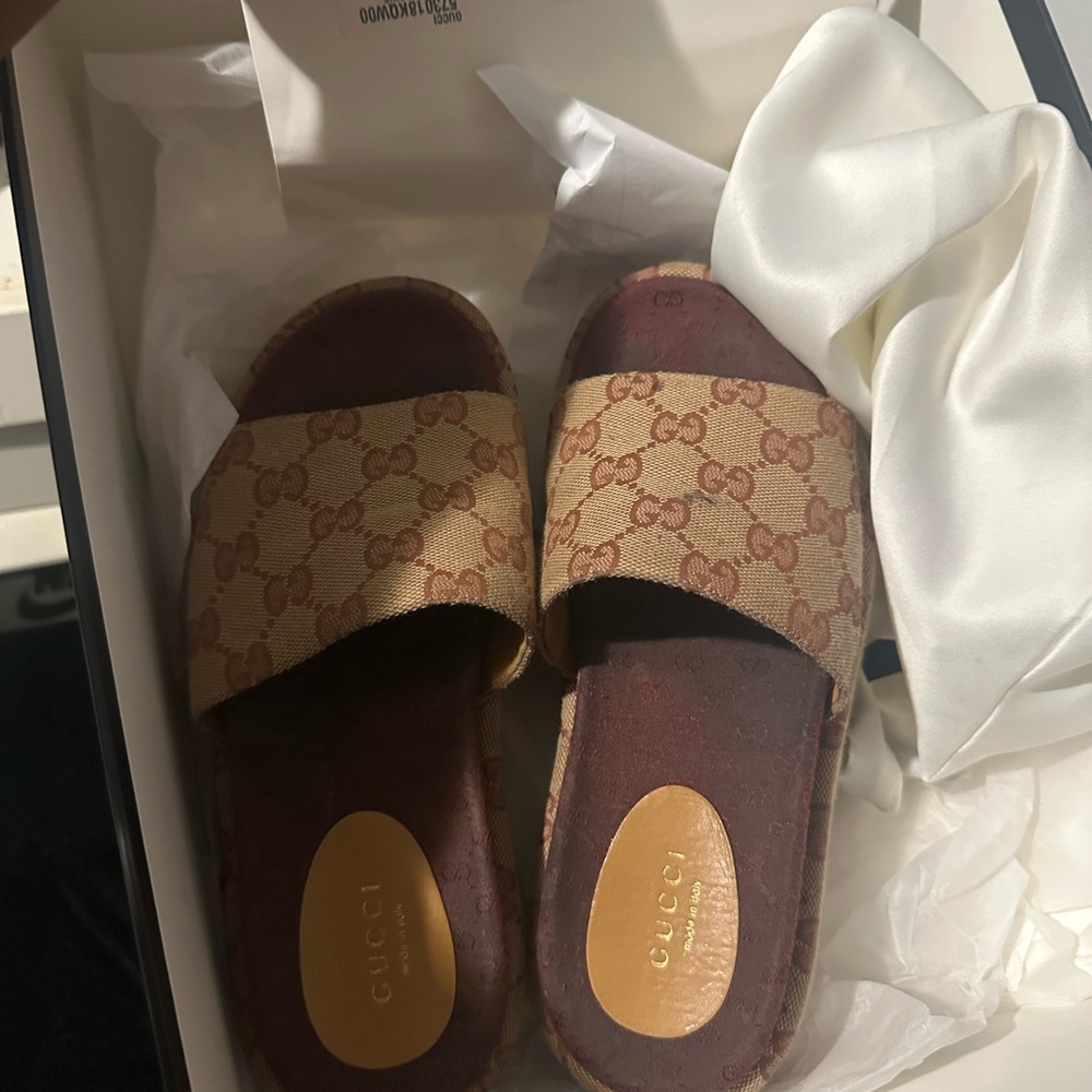 Gucci Beige and Brown Logo Slides